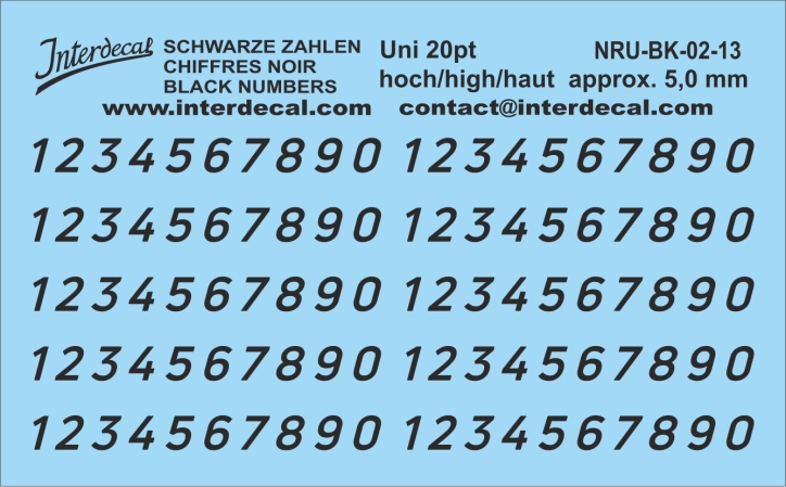 Chiffres "Uni Nouvelles" 13 italique 20pt 5mm haut Décalcomanies noir 103x45mm