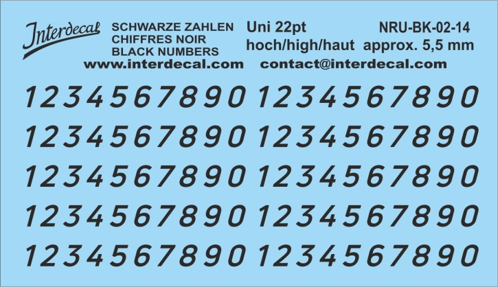 Chiffres "Uni Nouvelles" 14 italique 22pt 5,5mm haut Décalcomanies noir