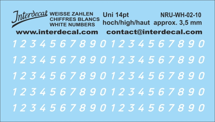 Chiffres "Uni Nouvelles" 10 14pt 3,5mm haut Décalcomanies blanc 89x34mm
