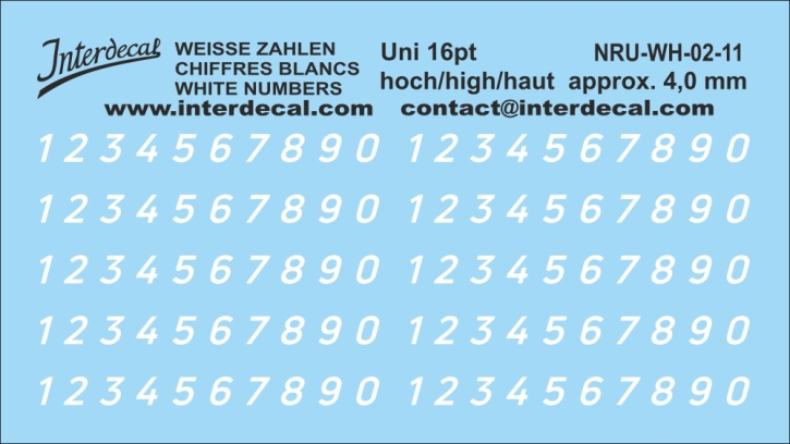 Zahlen "Uni Neue" 11 kursiv 16pt 4mm hoch Naßschiebebild Decal weiss 99x38mm