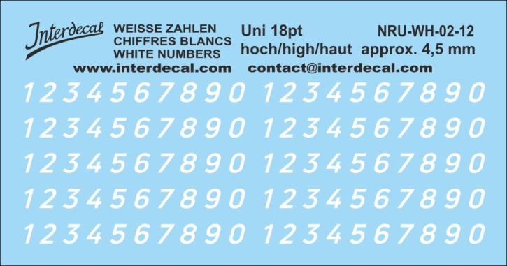 Chiffres "Uni Nouvelles" 12 italique 18pt 4,5mm haut Décalcomanies blanc