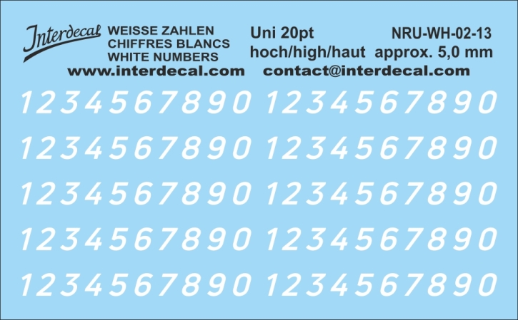 Zahlen "Uni Neue" 13 kursiv 20pt 5mm hoch Naßschiebebild Decal weiss 105x45mm