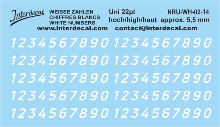 Zahlen "Uni Neue" 14 kursiv 22pt 5,5mm hoch Naßschiebebild Decal weiss
