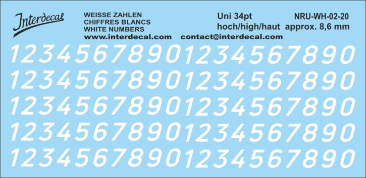 Chiffres "Uni Nouvelles" 20 34pt 8,6mm haut Décalcomanies blanc 158x60mm