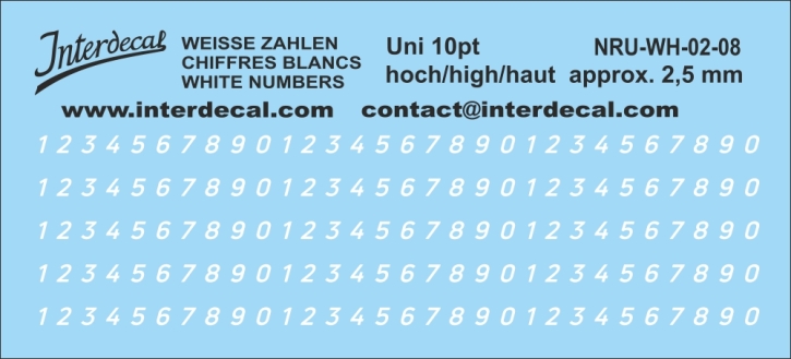 Zahlen "Uni Neue" 08 10pt 2,5mm hoch Naßschiebebild Decal weiss 100x27mm