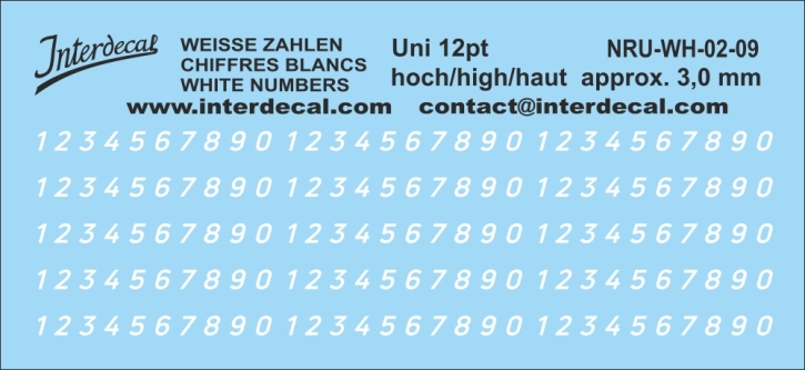 Zahlen "Uni Neue" 09 kursiv 12pt 3mm hoch Naßschiebebild Decal weiss 112x31mm