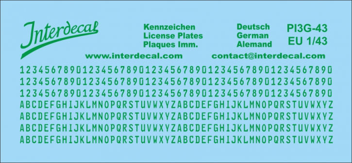 German registration plates Euro 1/43 for Decal PI7 Waterslidedecals green