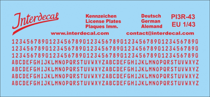 Deutsche Kennzeichen Euro 1/43 für decal PI8 Naßschiebebild Decal rot 70x31mm