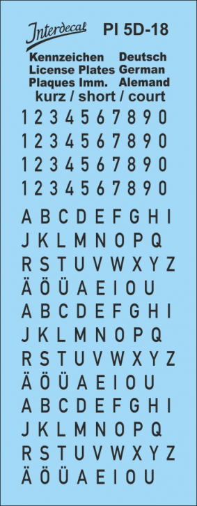 Deutsche Kennzeichen 5 kleinere Buchstaben und Zahlen 1/18 (120x48 mm)