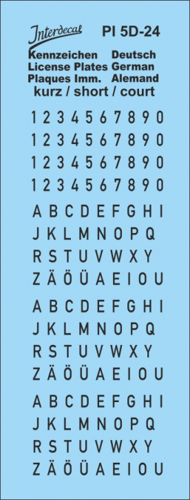 Deutsche Kennzeichen 5 kleinere Buchstaben und Zahlen 1/24 (105x40 mm)