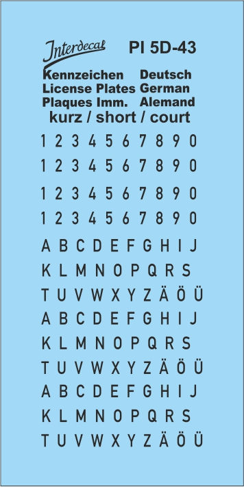 Deutsche Kennzeichen 5 kleinere Buchstaben und Zahlen 1/43 (60x30 mm)