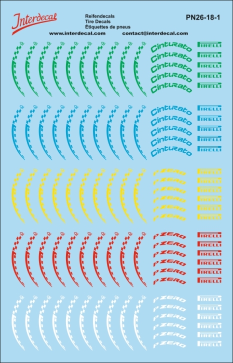 Reifenbeschriftungen 26-1 Pirelli Formel 1 1/18 Naßschiebebild Decal 136x93mm
