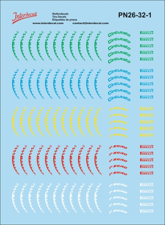 Reifenbeschriftungen 26-1 Pirelli Formel 1 1/32 Naßschiebebild Decal 82x64mm