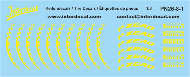 Tire Decal 26-1 Pirelli Formel 1 1/8 Waterslidedecals yellow 160x43mm Tire Decal 26-1 Pirelli Formel 1 1/8 Waterslidedecals yellow 160x43mm