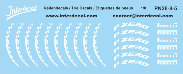 Reifenbeschriftungen 26-5 Pirelli Formel 1 1/8 Naßschiebebild Decal weiss