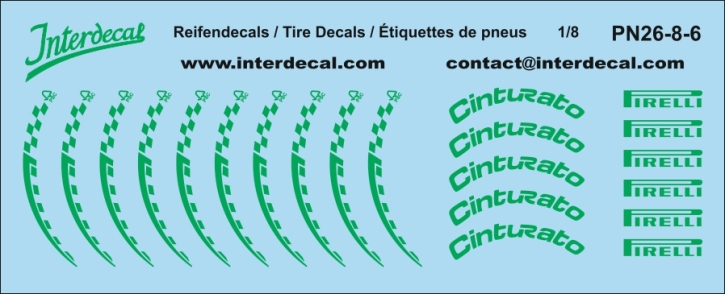 Tire Decal 26-8 Pirelli Formel 1 1/8 Waterslidedecals green 160x43mm INTERDECAL Tire Decal 26-8 Pirelli Formel 1 1/8 Waterslidedecals green 160x43mm INTERDECAL