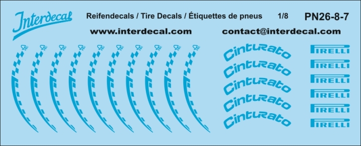 Tire Decal 26-8 Pirelli Formel 1 1/8 Waterslidedecals blue 160x43mm INTERDECAL Tire Decal 26-8 Pirelli Formel 1 1/8 Waterslidedecals blue 160x43mm INTERDECAL