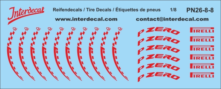 Reifenbeschriftungen 26-8 Pirelli Formel 1 1/8 Naßschiebebild Decal rot