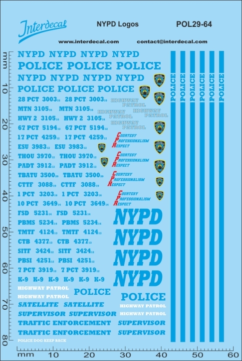 Police, NYPD Police (29) 1/64 Waterslidedecals 80x58mm INTERDECAL Police, NYPD Police (29) 1/64 Waterslidedecals 80x58mm INTERDECAL