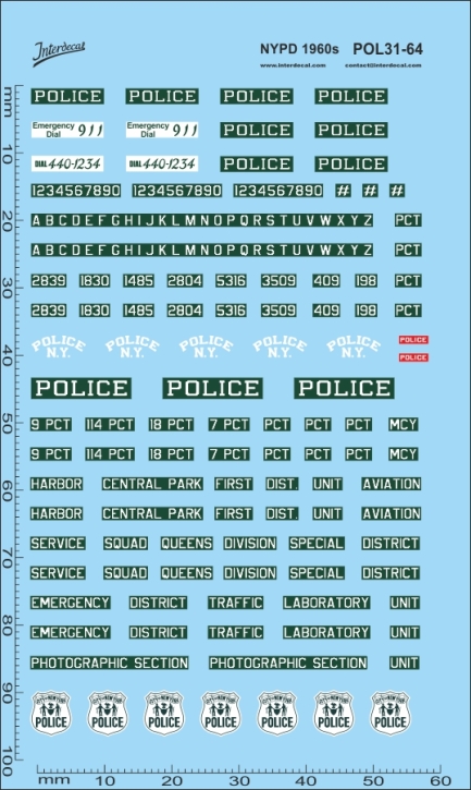Police, NYPD Police (31) 1/64 Waterslidedecals 97x58mm INTERDECAL