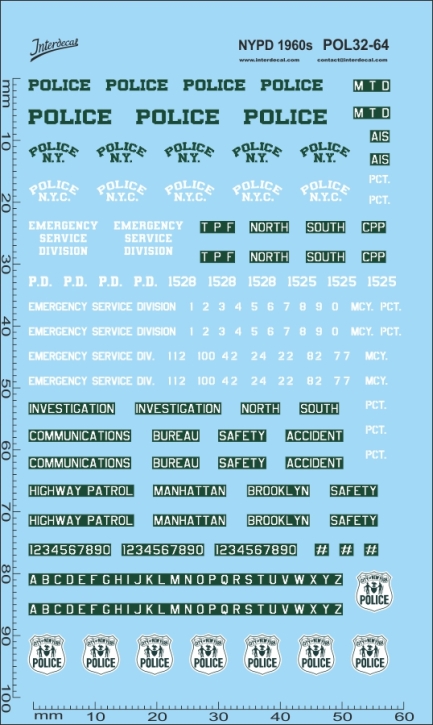 Police, NYPD Police (32) 1/64 Waterslidedecals 97x58mm INTERDECAL