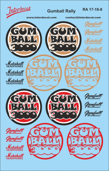 Street Racing Gumball Rally 1/18 Waterslidedecals gold-red-black 120x80mm