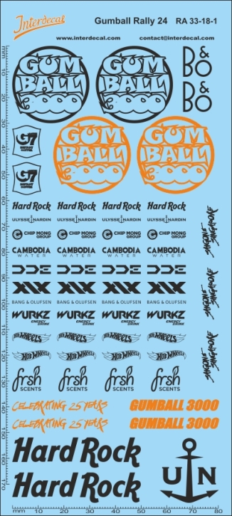 Straßenrennen Gumball Rally 33-1 1/18 Naßschiebebild Decal orange-schwarz