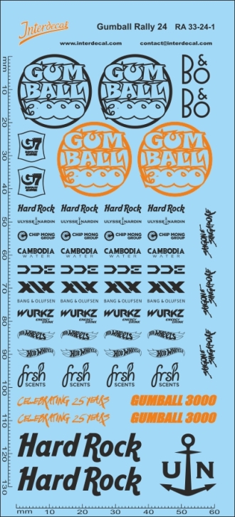 Straßenrennen Gumball Rally 33-1 1/24 Naßschiebebild Decal orange-schwarz