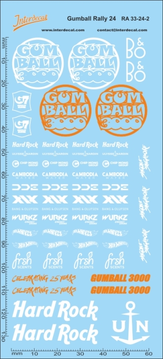 Straßenrennen Gumball Rally 33-2 1/24 Naßschiebebild Decal orange-weiss