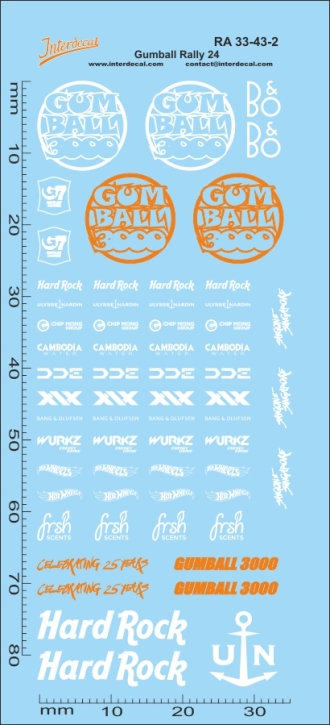 Courses de Rue Gumball Rallye 33-2 1/43 Décalcomanies orange-blanc 84x36mm