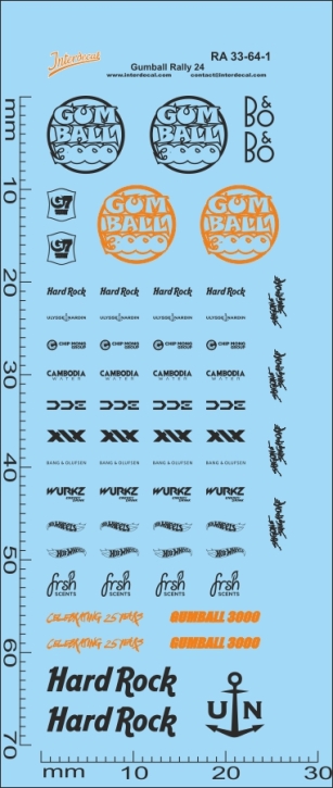 Straßenrennen Gumball Rally 33-1 1/64 Naßschiebebild Decal orange-schwarz
