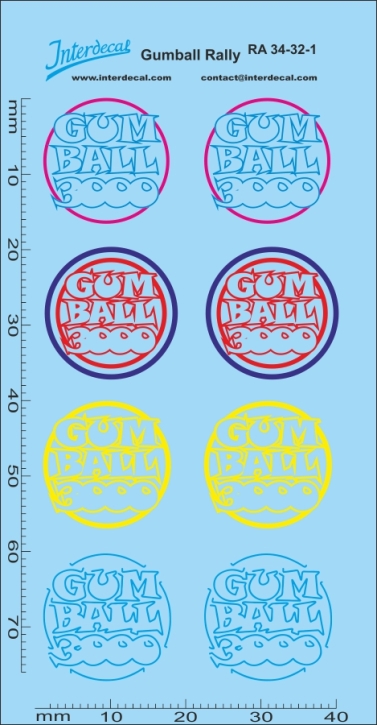 Courses de Rue Gumball Rallye 34-1 1/32 Décalcomanies couleurs différentes