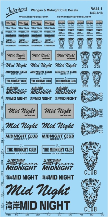 Straßenrennen "Wangan & Midnight Club" 01 1/43 bis 1/18 Naßschiebebild Decal