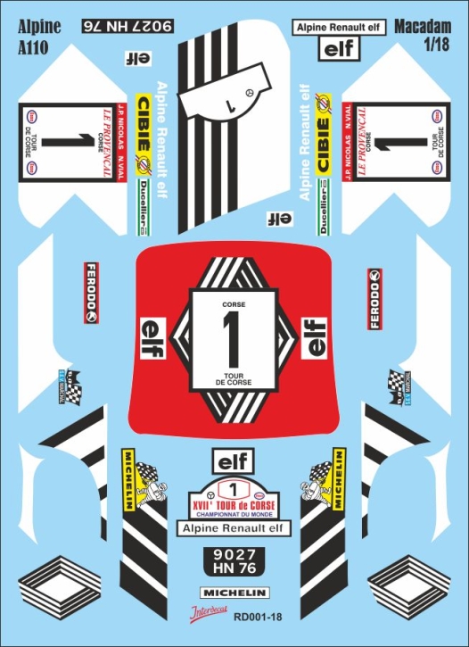 Renault Alpine A110 Macadam Tour of Corsica 1/18 Waterslidedecals 161x114mm