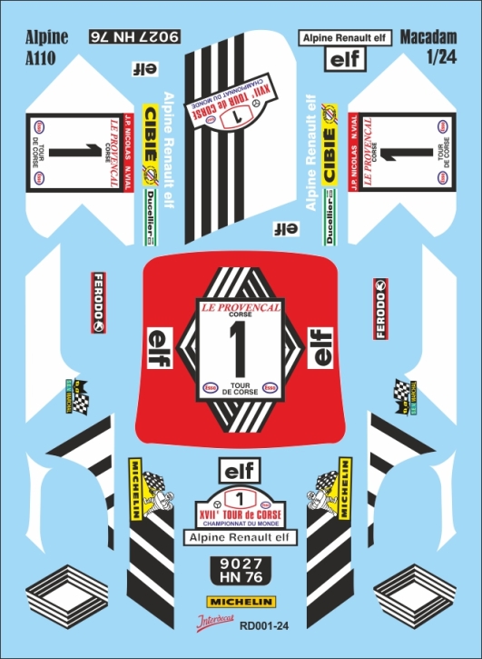 Renault Alpine A110 Macadam Korsika Rundfahrt 1/24 Naßschiebebild Decal