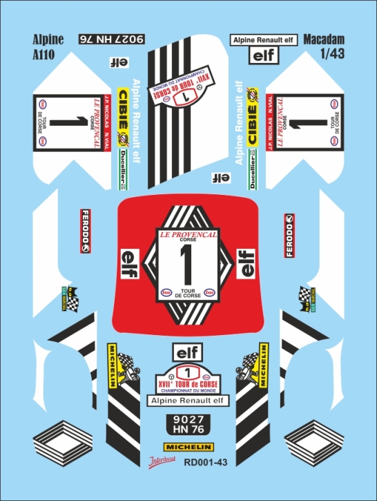 Renault Alpine A110 Macadam Korsika Rundfahrt 1/43 Naßschiebebild Decal
