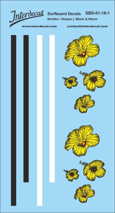Design 01 z.B. für Surfboard 1/18 Naßschiebebild Decal schwarz-weiss-gelb-rot