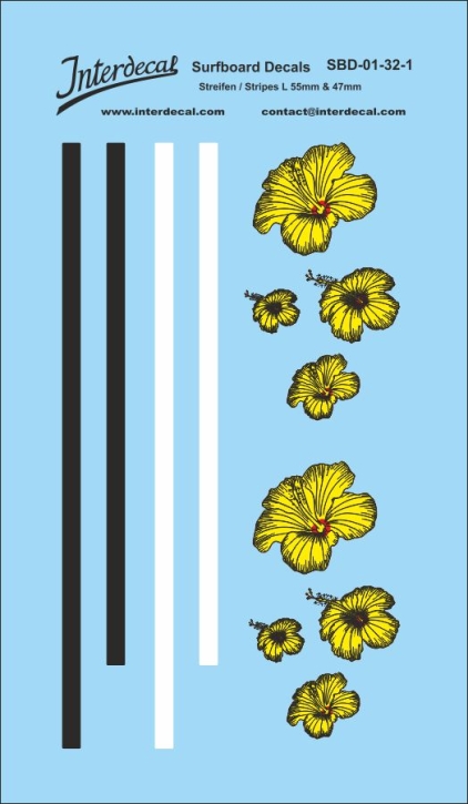 Design 01 z.B. für Surfboard 1/32 Naßschiebebild Decal schwarz-weiss-gelb-rot