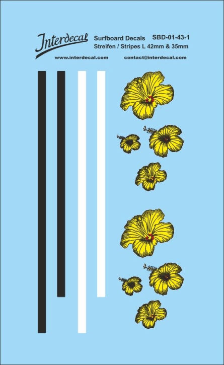 Design 01 z.B. für Surfboard 1/43 Naßschiebebild Decal schwarz-weiss-gelb-rot