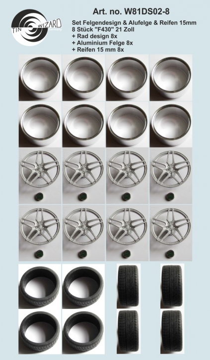 Design & Alu rim & tyre 15 mm  "F430" 21 Zoll Set 8 pieces