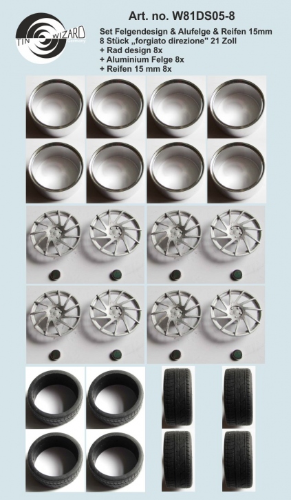 Design & Alu rim & tyre 15 mm "forgiato direzione" 21 Zoll Set 8 pieces