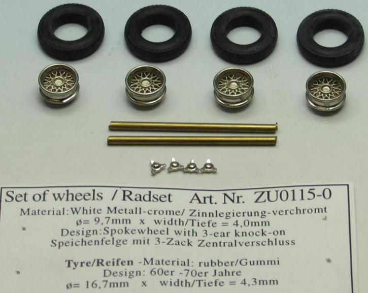 Radset 4x Felge, Reifen, Zentralverschluss 2x Achse unlackiert 1/43 Bausatz