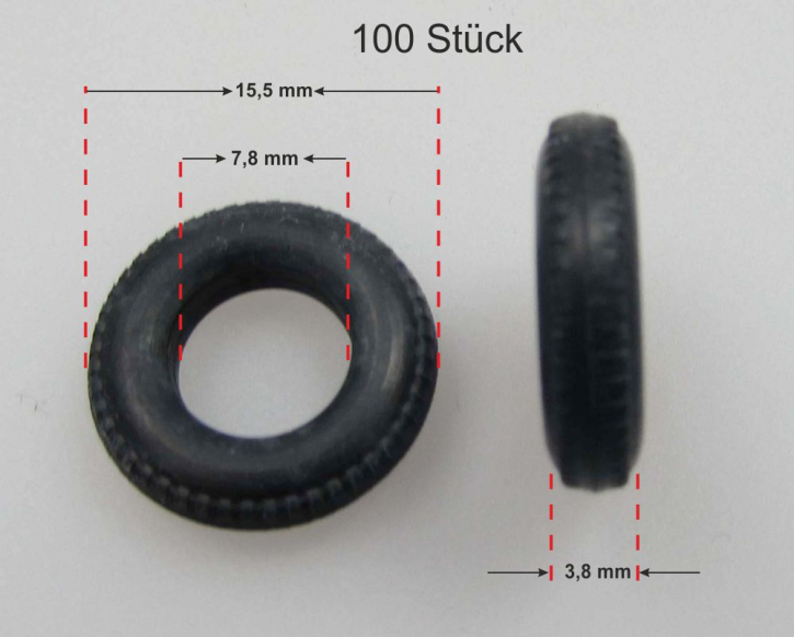 100 x Reifen 1/43 Gummi ø= 15,5 x 7,8 x 3,8mm Reifen:60er-70er schwarz Bausatz