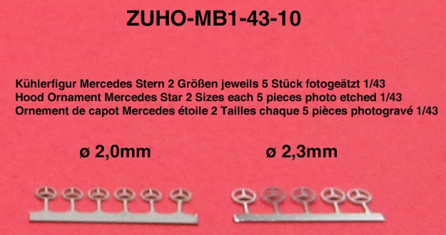 Kühlerfigur Mercedes Stern 2 Größen jeweils 5 Stück fotogeätzt 1/43