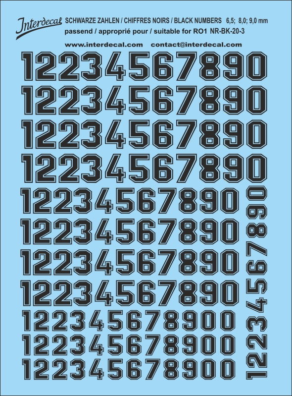 Black Numbers Decal for R01 13mm naßschiebebild start numbers NR-BK-24-3 