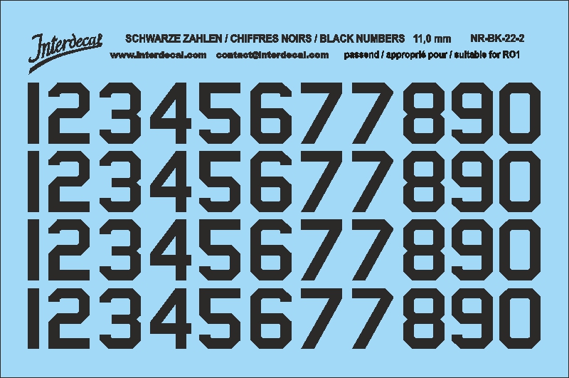 Schwarze Zahlen Decal für R01 11mm Naßschiebebild Startnummern NR-BK-22-1 