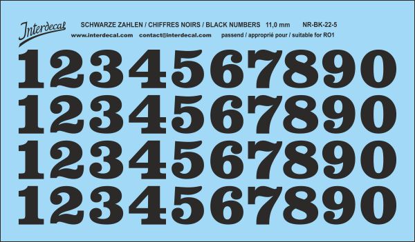 Schwarze Zahlen Decal für R01 11 mm Naßschiebebild Startnummern NR-BK-22-3