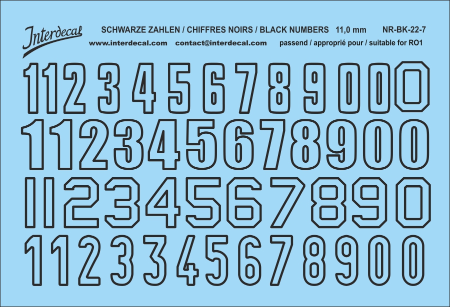 Schwarze Zahlen Decal für R01 11 mm Naßschiebebild Startnummern NR-BK-22-3
