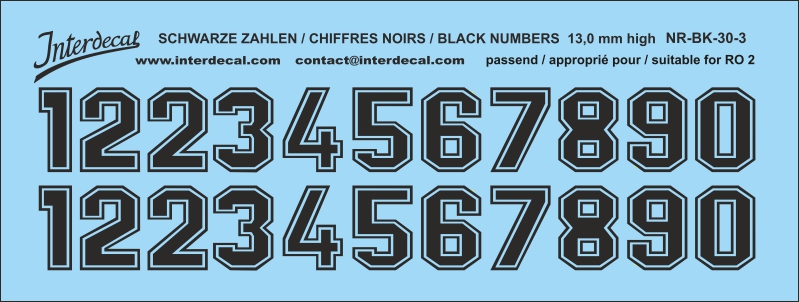 Schwarze Zahlen Decal für R02 13mm Naßschiebebild Startnummern NR-BK-30-3 