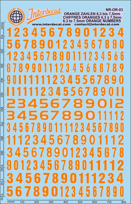 Orangene Zahlen Decal 10,1-10,5 mm Naßschiebebild Startnummern NR-OR-05 